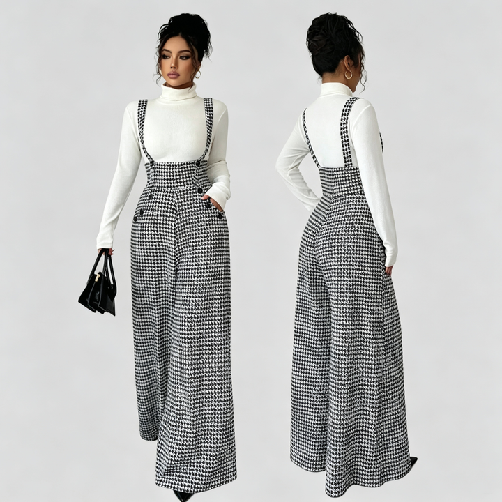 The Elara Houndstooth Wide Leg Suspender Jumpsuit