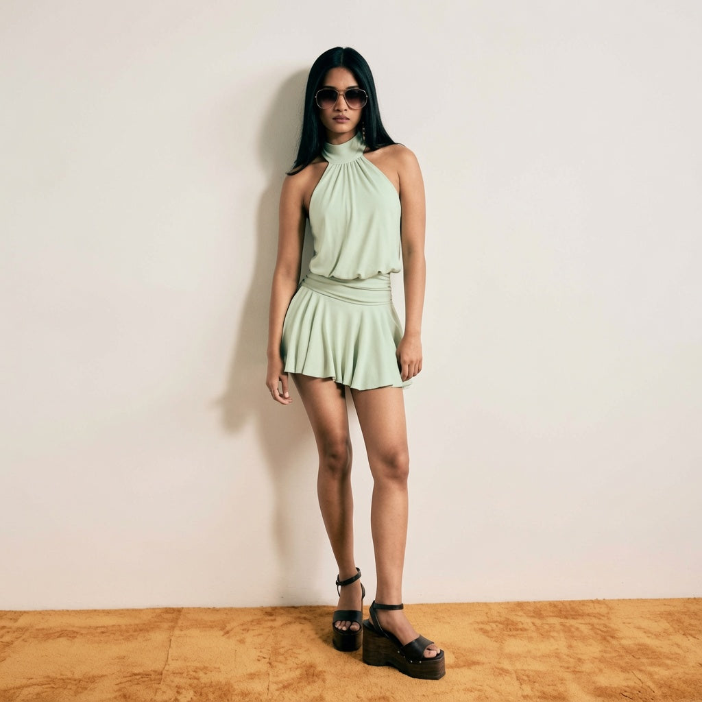 The Elara Stand Collar Sleeveless A-Line Mini Dress