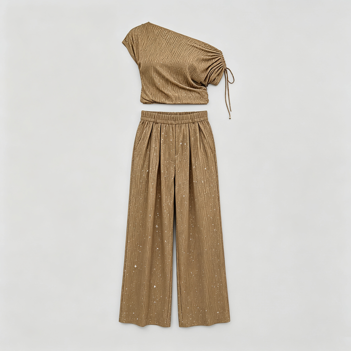 The Elara Sparkle Ruched One Shoulder Wide Leg Set