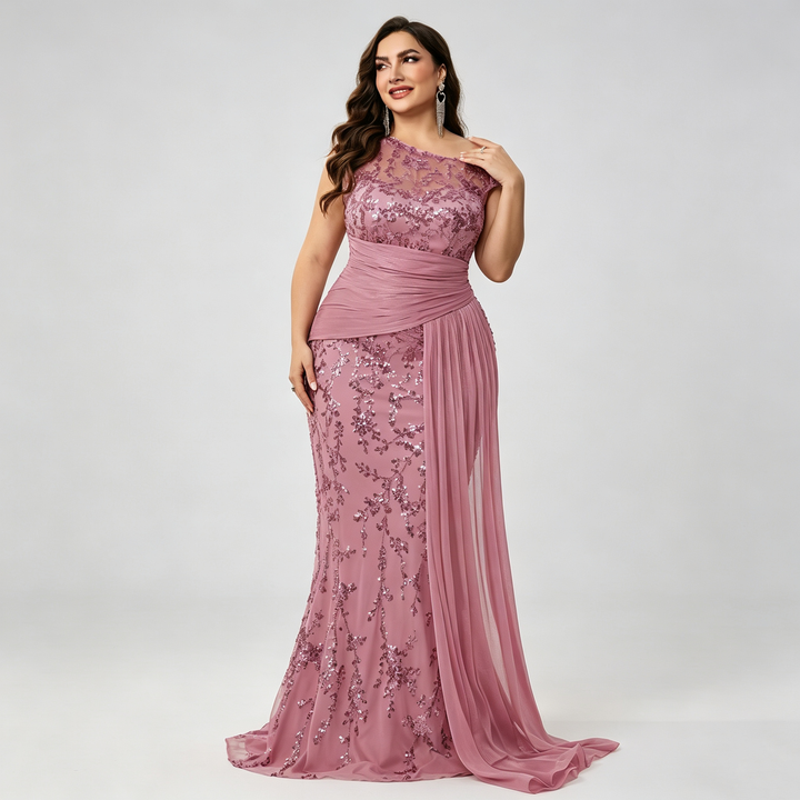 The Elara Asymmetric Sequin Draped Evening Gown