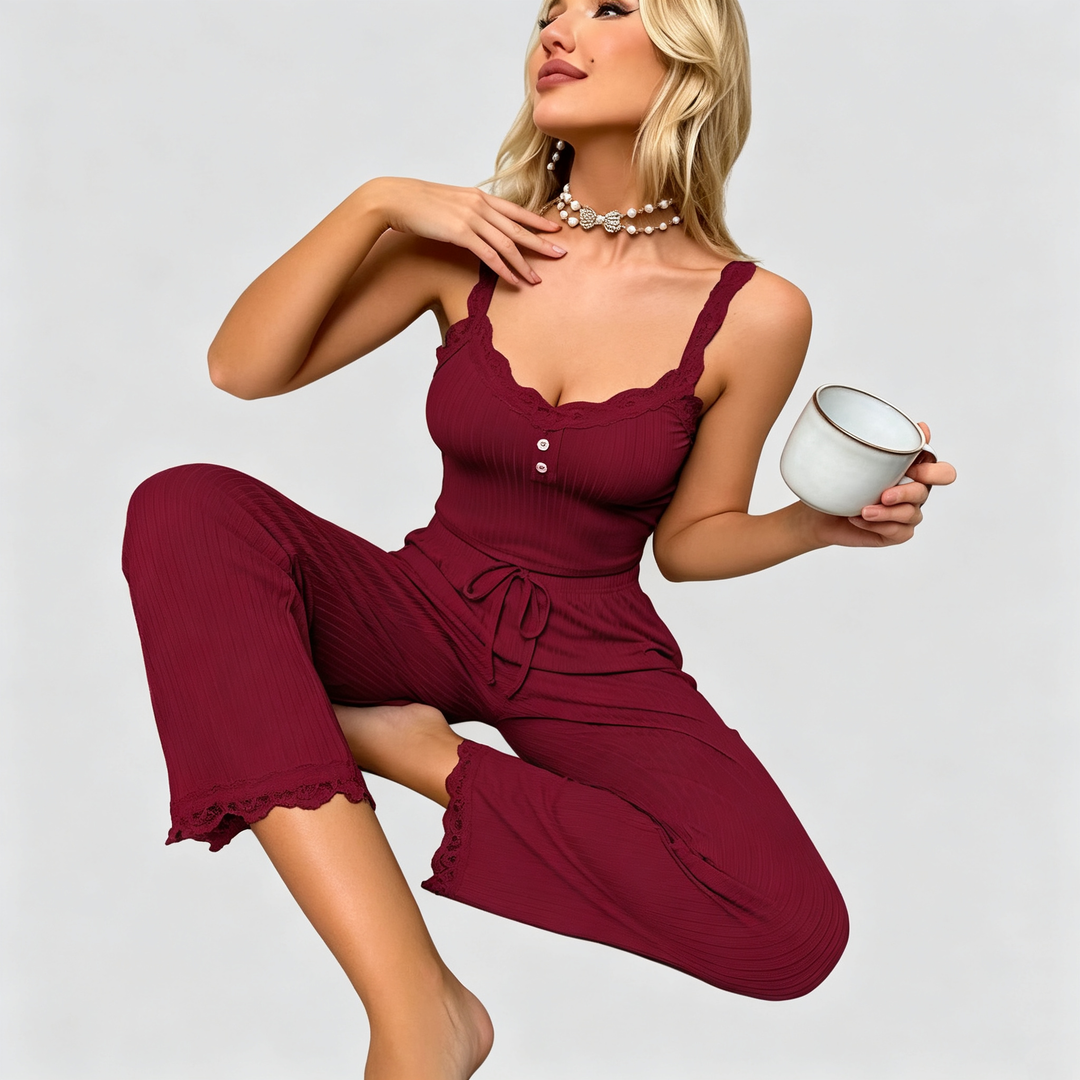 The Elara Lace Trim Ribbed Lounge Set