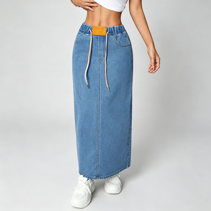 The Elara Drawstring Denim Maxi Skirt