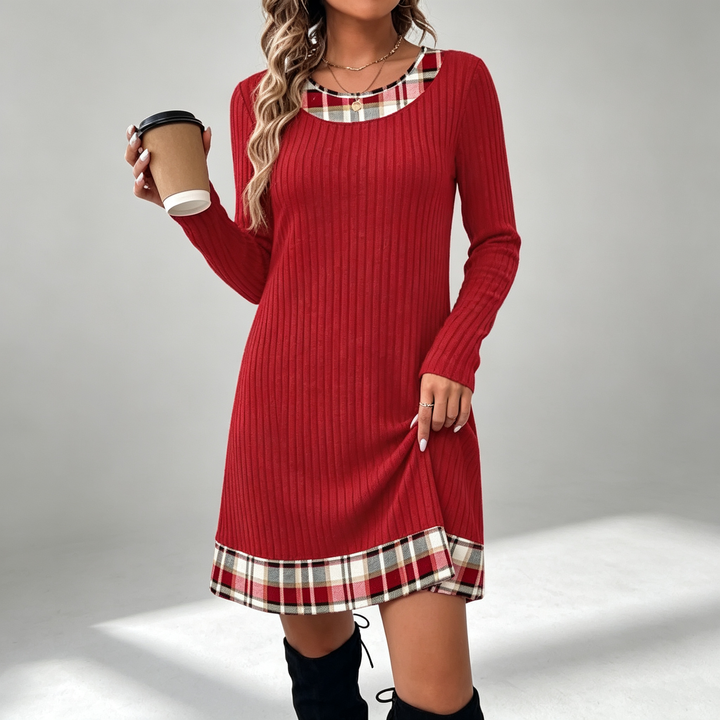 The Elara Plaid-Trim Ribbed Mini Dress