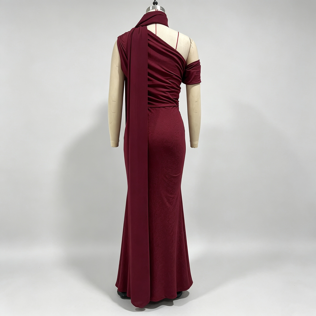 The Elara Riviera Scarf One-Shoulder Gown