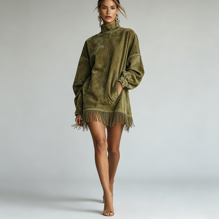 The Elara Suede Fringe Tunic Top