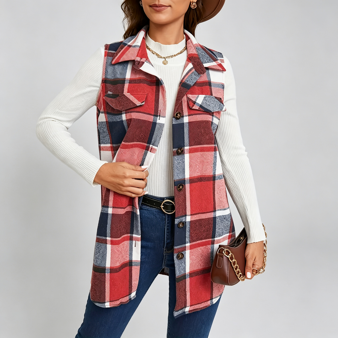 The Elara Plaid Button-Front Long Vest