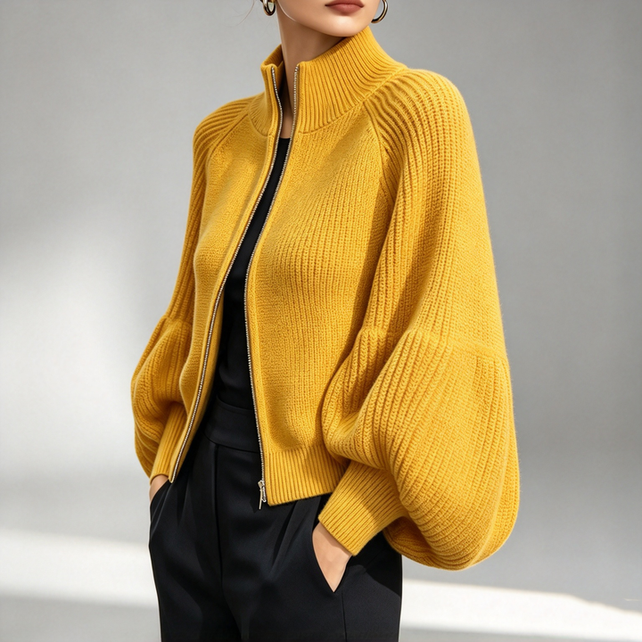 The Elara Balloon-Sleeve Zip Knit Cardigan