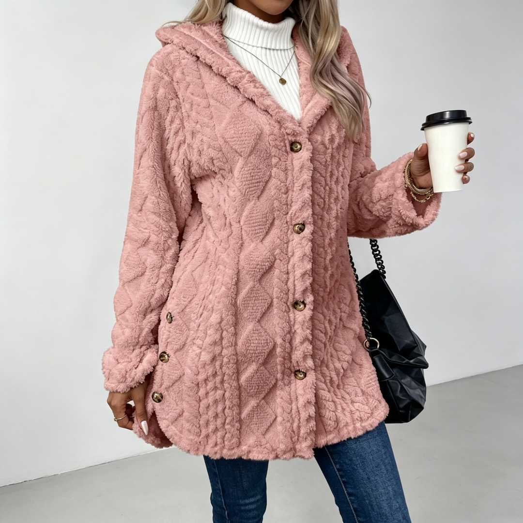 The Elara Sherpa Hooded Button Coat