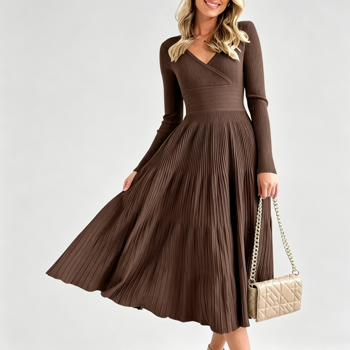 The Elara Wrap Pleated Knit Midi Dress