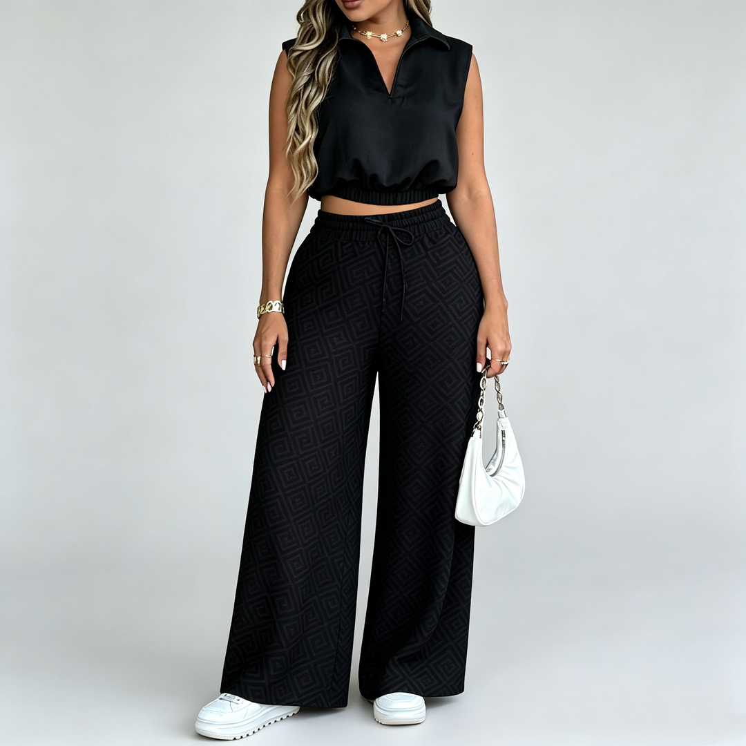 The Elara Collared Geo Wide-Leg Set