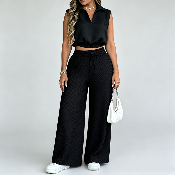 The Elara Collared Geo Wide-Leg Set