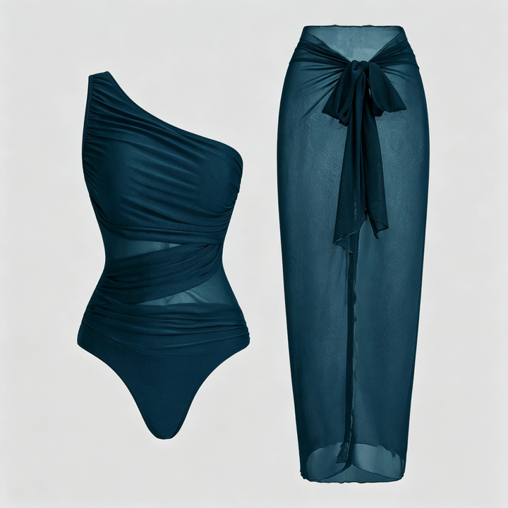 The Elara One-Shoulder Mesh Sarong Swimsuit Set