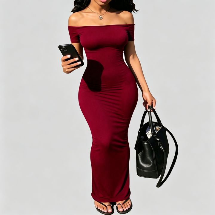 The Elara Off-Shoulder Sculpt Maxi Dress