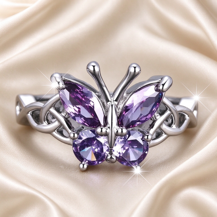 Purple CZ Celtic Butterfly Ring