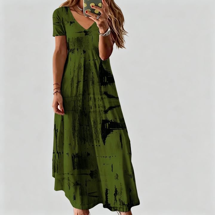 The Elara Abstract Brushstroke V-Neck Maxi Dress