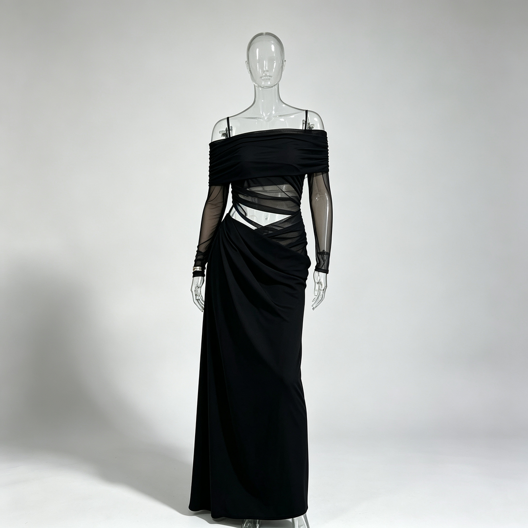 The Elara Off-Shoulder Mesh Maxi