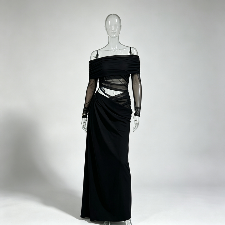 The Elara Off-Shoulder Mesh Maxi