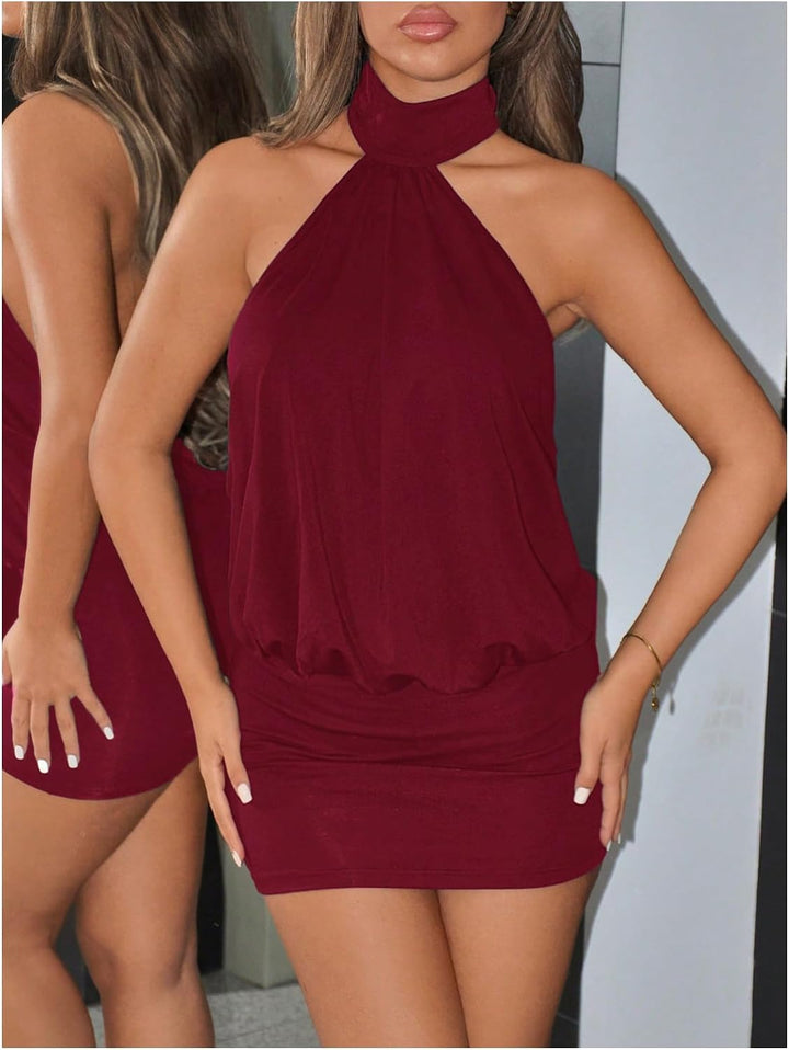 The Elara Cowl-Back Halter Mini