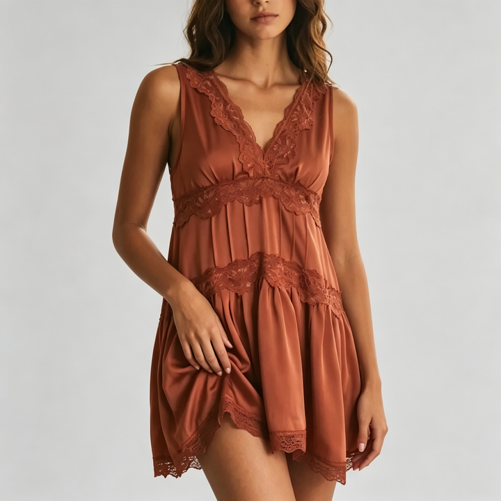 The Elara Lace Trim Satin Tiered Mini Dress