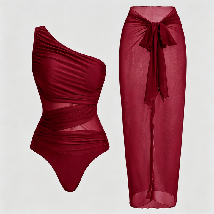 The Elara One-Shoulder Mesh Sarong Swimsuit Set