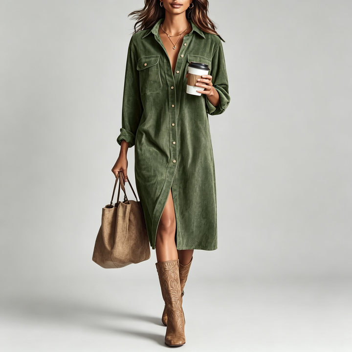 The Elara Corduroy Button-Down Midi Dress