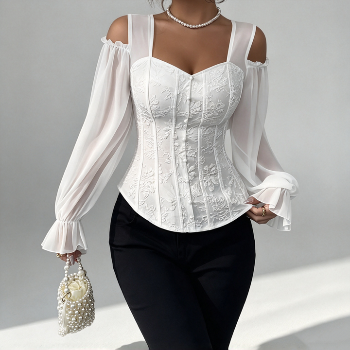The Elara Jacquard Cold-Shoulder Corset Top