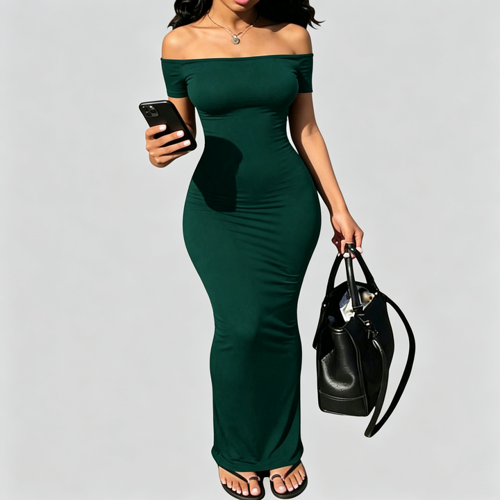 The Elara Off-Shoulder Sculpt Maxi Dress