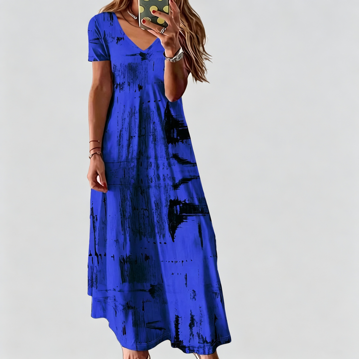 The Elara Abstract Brushstroke V-Neck Maxi Dress