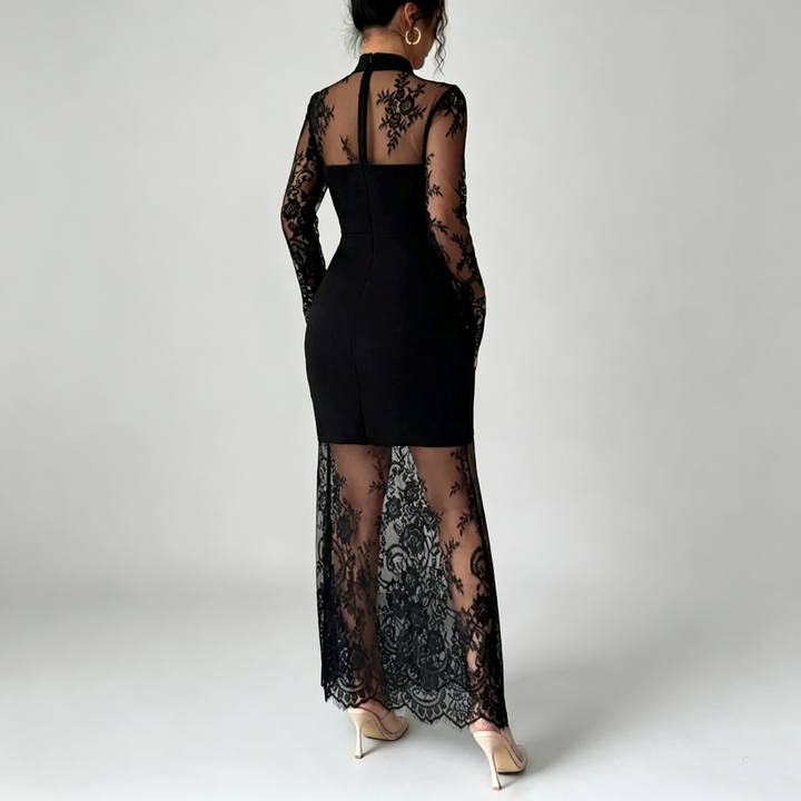 The Elara Sheer-Lace Fishtail Maxi Dress