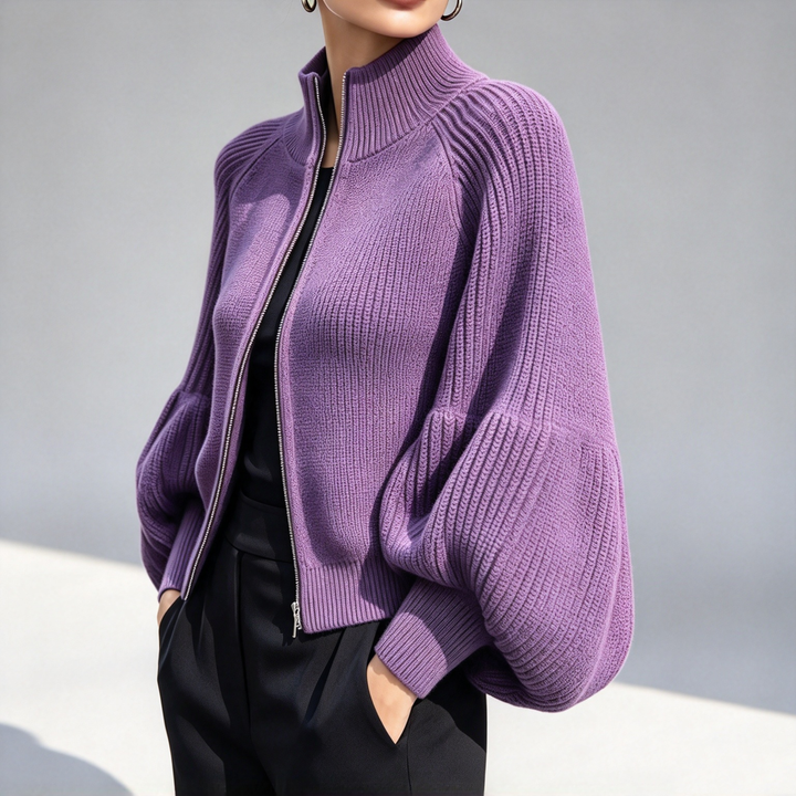 The Elara Balloon-Sleeve Zip Knit Cardigan