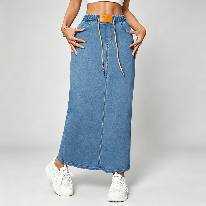 The Elara Drawstring Denim Maxi Skirt