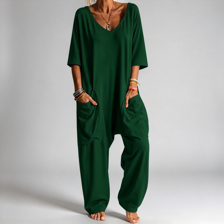 The Elara Relaxed V-Neck Pocket Jumpsuit