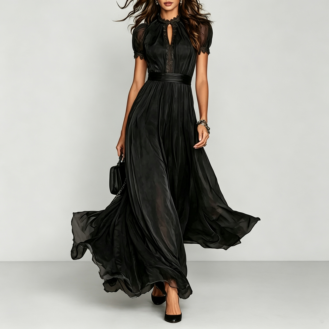 The Elara Keyhole Lace-Trim Maxi Dress