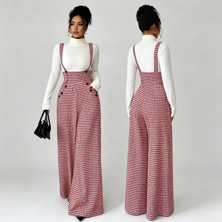 The Elara Houndstooth Wide Leg Suspender Jumpsuit