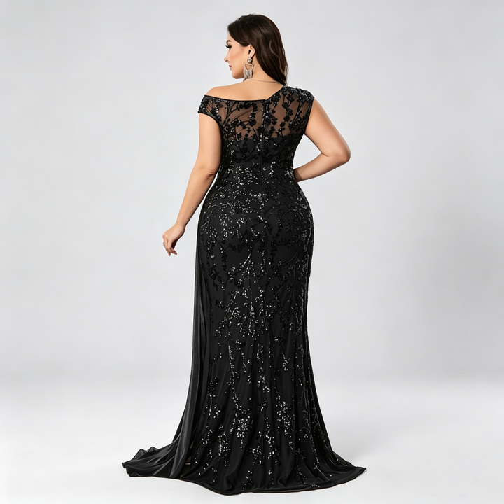 The Elara Asymmetric Sequin Draped Evening Gown