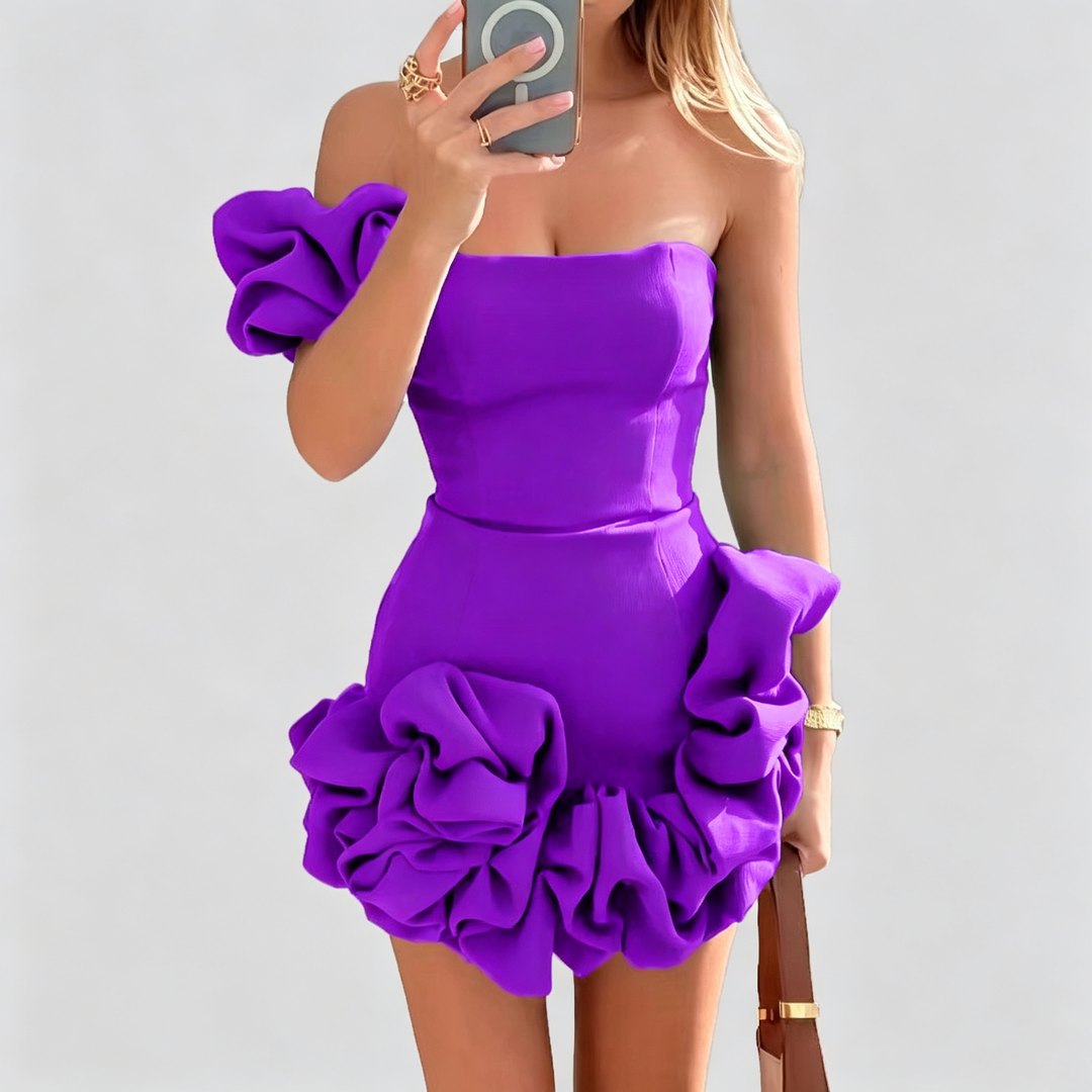 The Elara Sculpted Ruffle One Shoulder Mini Dress