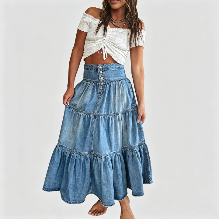 The Elara Tiered Denim Maxi Skirt