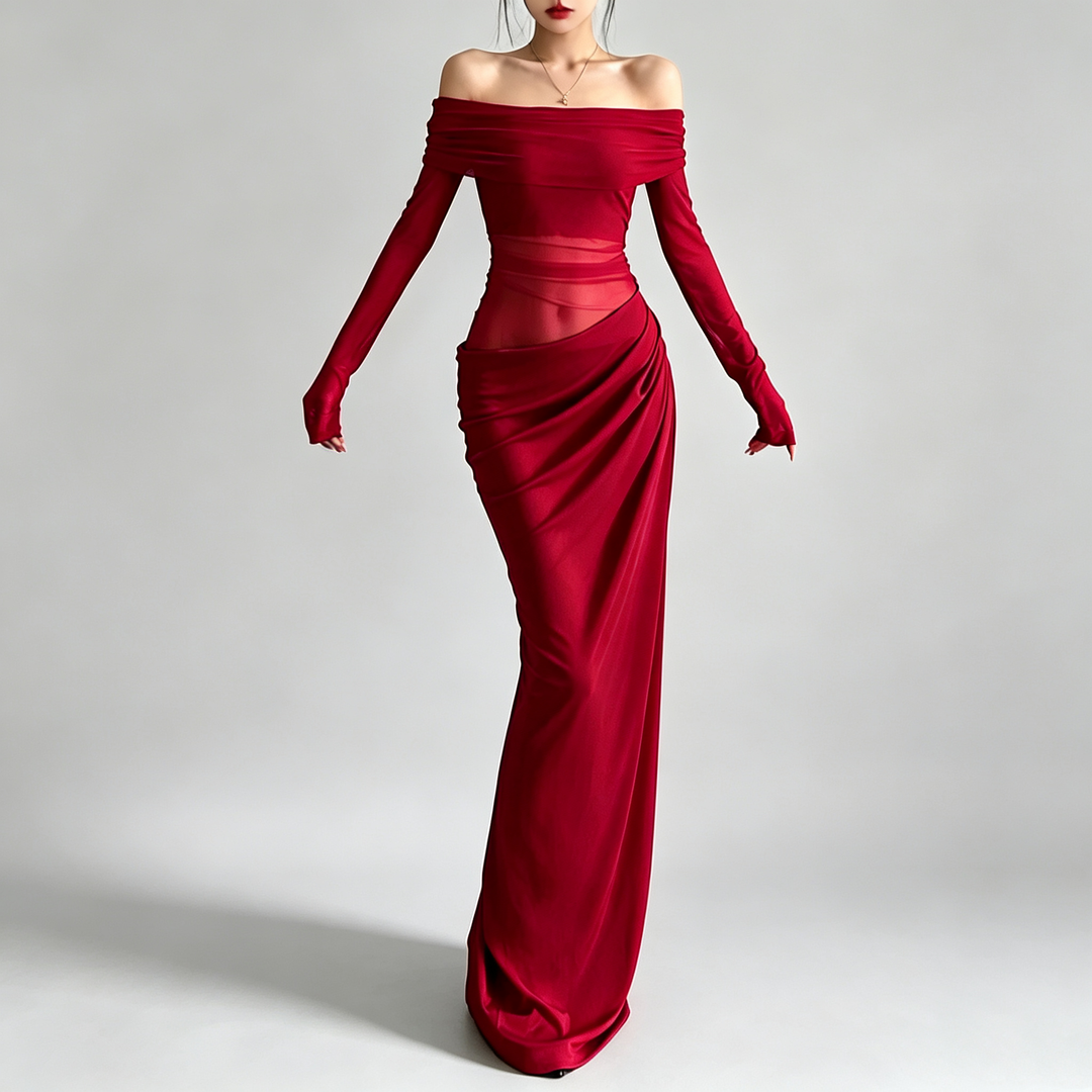 The Elara Off-Shoulder Mesh Maxi
