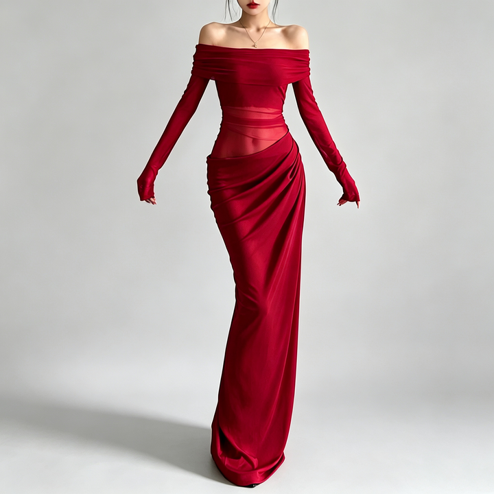 The Elara Off-Shoulder Mesh Maxi