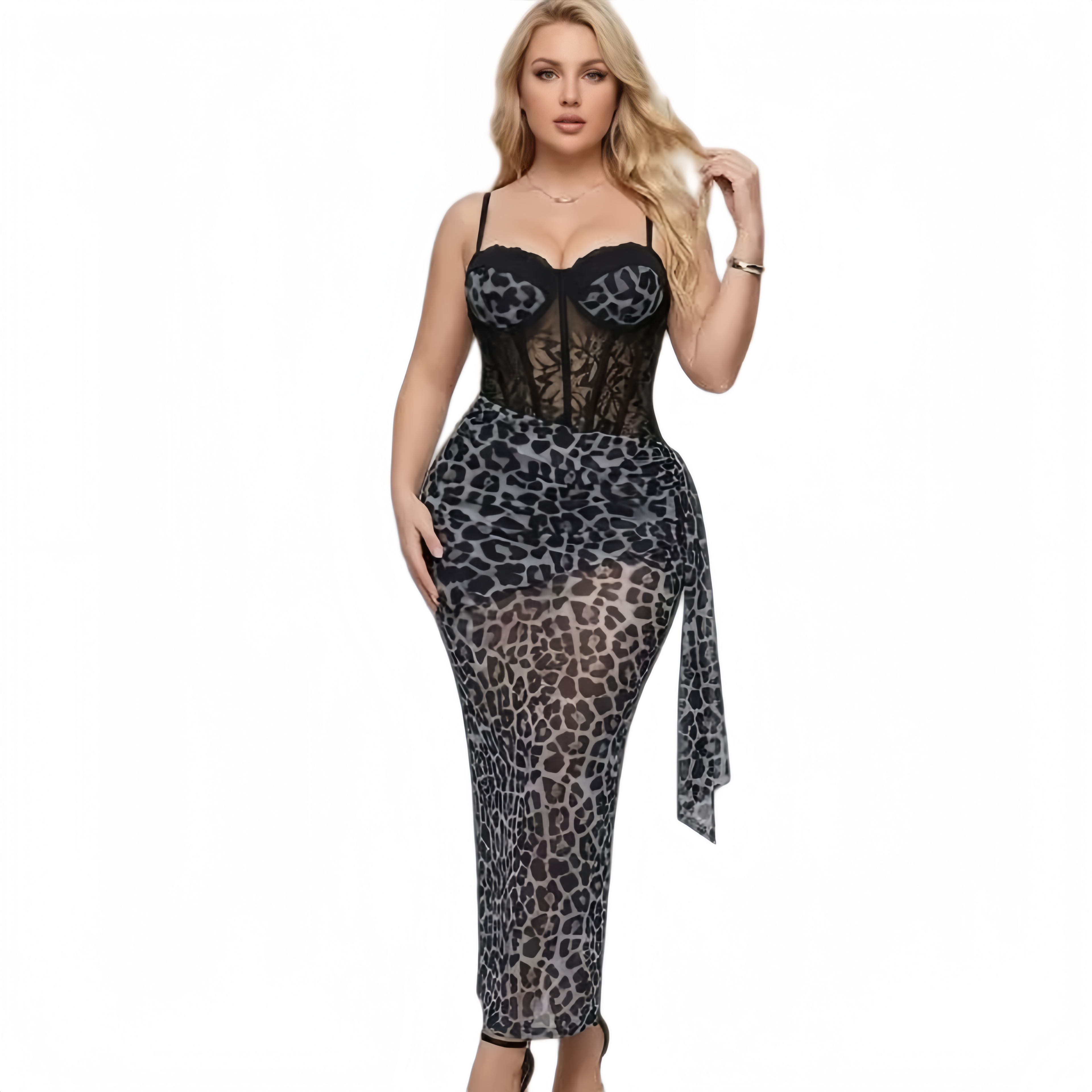 The Elara Sculpted Lace & Mesh Animal Print Dress