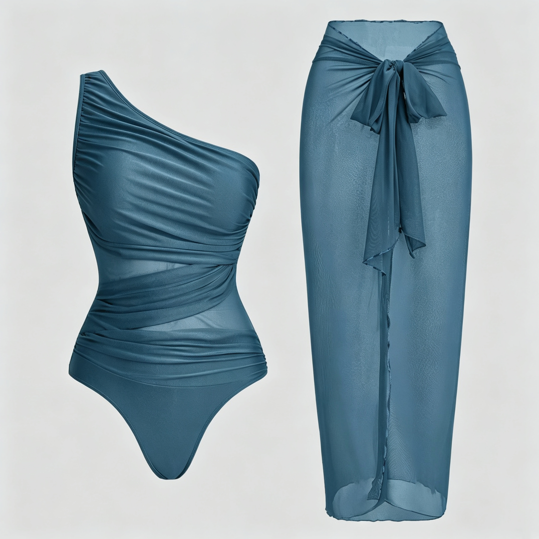 The Elara One-Shoulder Mesh Sarong Swimsuit Set