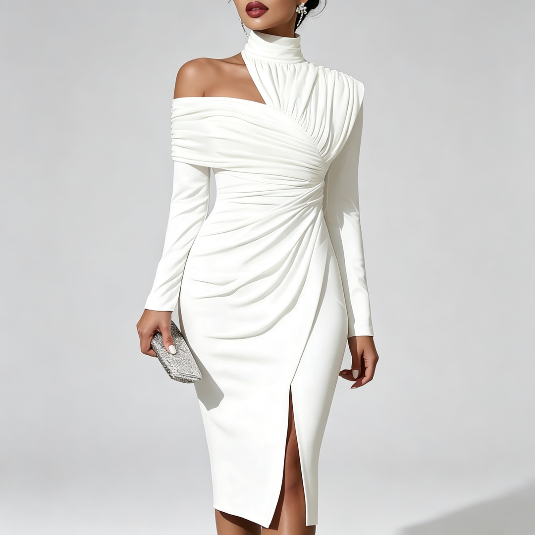 The Elara Asymmetric Ruched Midi Dress