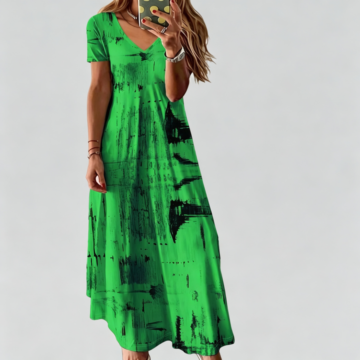 The Elara Abstract Brushstroke V-Neck Maxi Dress