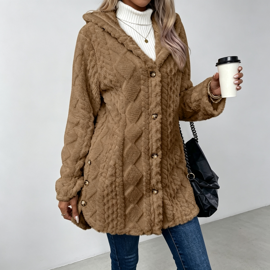 The Elara Sherpa Hooded Button Coat