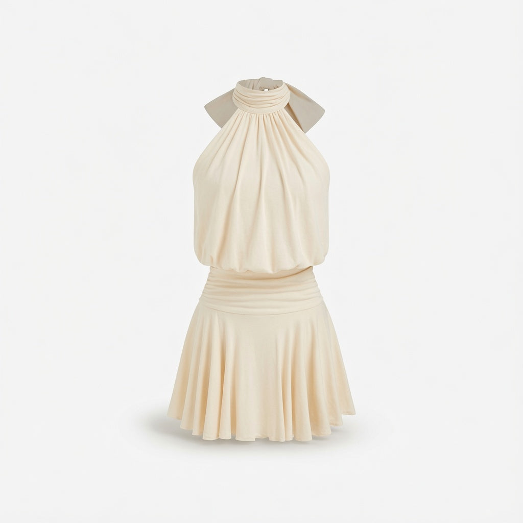 The Elara Stand Collar Sleeveless A-Line Mini Dress