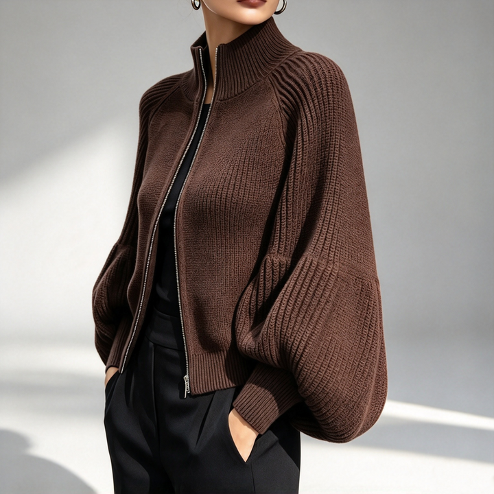 The Elara Balloon-Sleeve Zip Knit Cardigan
