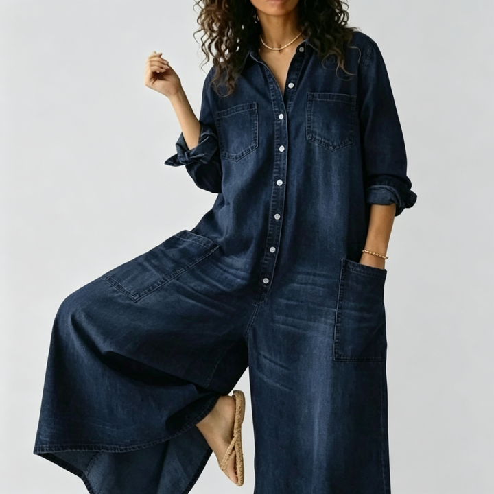 The Elara Relaxed Denim-Wash Wide-Leg Jumpsuit