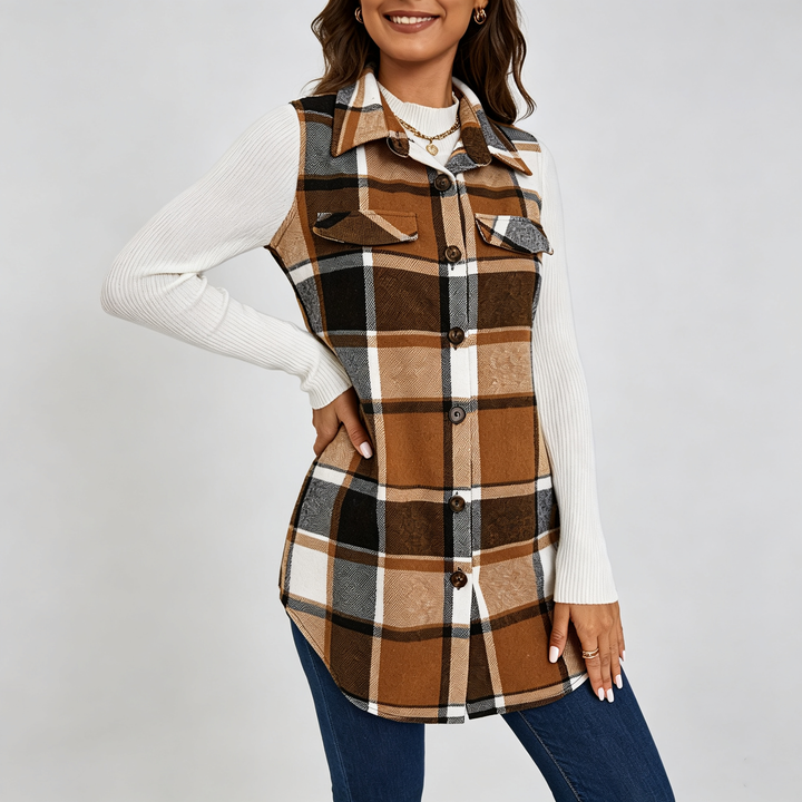 The Elara Plaid Button-Front Long Vest