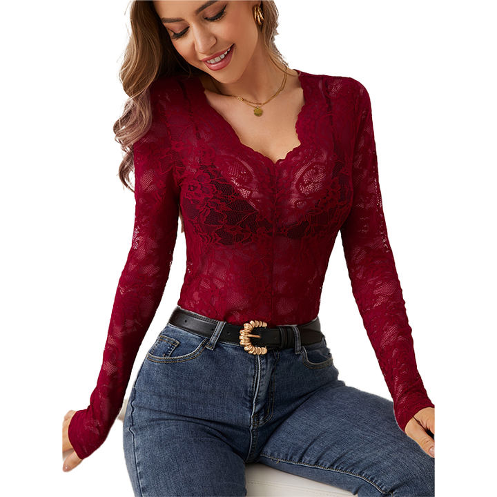 The Elara Scallop V-Neck Lace top