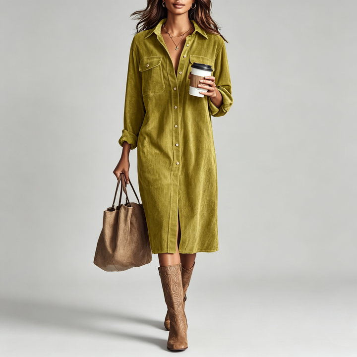 The Elara Corduroy Button-Down Midi Dress
